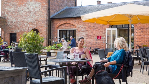 Two visitors sit at an outdoor café table in Felbrigg’s courtyard with drinks, while two black dogs rest nearby. Tables, chairs, potted plants and shoppers fill the sunlit brick courtyard in the background.